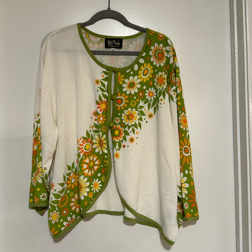 Bob Mackie Sweater Wearable Art Floral 70’s  Daisy Button Cardigan 3X